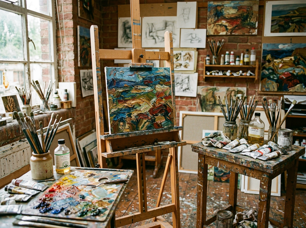 Painting on easel surrounded by painting supplies and artworks in studio